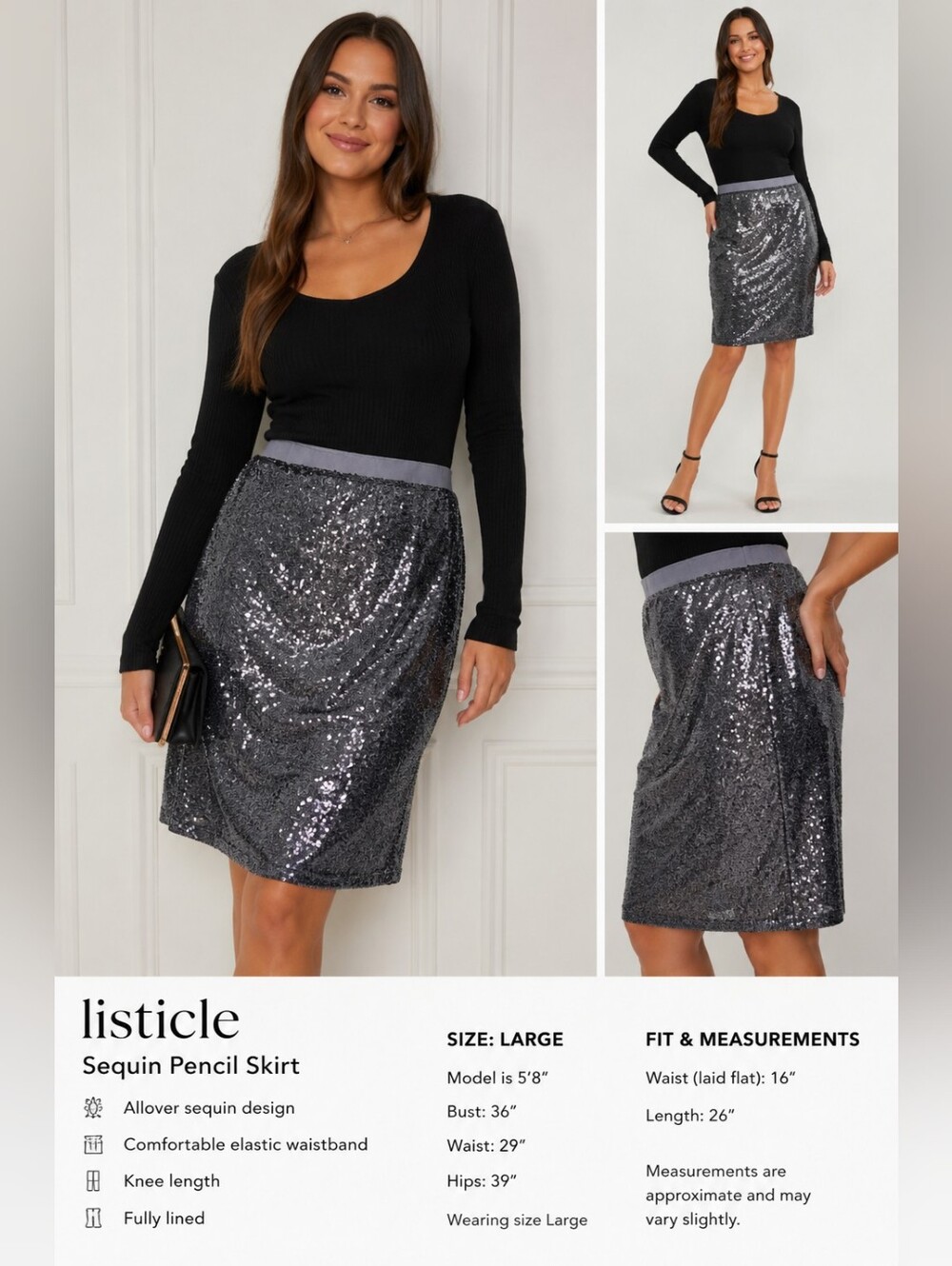 Listicle Womens Sequin Midi Skirt Size L Silver Black Sparkle Party Holiday